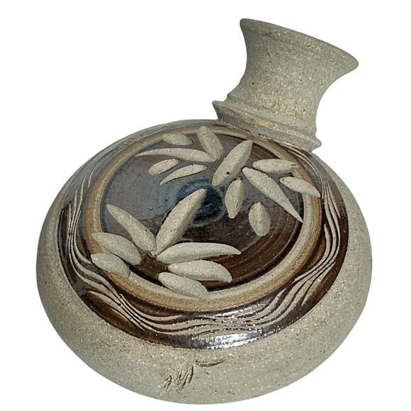 Handmade Flat Bottom Stoneware Vase Signed Mexican‎ Southwestern Earthy Natural - Picture 2 of 13
